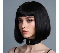 TEMU Pelucas Bob Negras de 12 Pulgadas con Flequillo, Cabello Sintético Liso para Mujeres - Peluca Elegante para Uso Diario y Cosplay, Densidad 100%, Fibra de , para Todas las