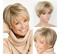 TEMU Pelucas Cortas Elegantes de Corte en Marrón Miel para Mujeres - Ombre Destacado, Cabello Sintético Corto en Capas con Flequillo, Resistente al , para Uso Diario, Peluca Corta, Liso, Uso Diario