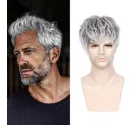 TEMU Pelucas cortas grises para hombre, cabello sintético liso, ombre, fibra de , gorro de red rosa, corte en capas, peluca de estilo básico para hombre