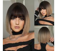 TEMU Pelucas Cortas Marrones de Estilo Bob para Mujeres, Pelucas Sintéticas con Flequillo y Oscuras, Peluca Femenina para Cosplay Resistente al , Pelucas Naturales Rectas