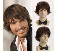 TEMU Pelucas Cortas y Rizadas Marrones con Flequillo Lateral para Hombres - Fibra Sintética Resistente al de 10 Pulgadas para Uso Diario, Fiestas de Halloween y Cosplay