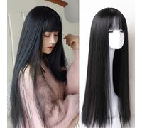 TEMU Pelucas Elegantes de 26" Largas y Rectas con Flequillo para Mujeres - Sintética Resistente al , Fácil de Usar para Principiantes, Perfectas para el Uso Diario y Fiestas, Estilo Básico, Peluca a