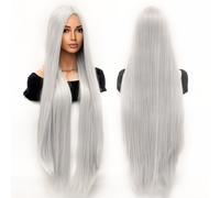 TEMU Pelucas Largas Rectas de 40 Pulgadas con Raya Central Multicolor para Uso Diario, Estilo Halloween Navidad Festival Musical - Marrón, , , Plateado