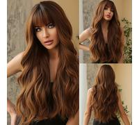 TEMU Pelucas largas y de 28 pulgadas de color marrón rojizo con flequillo, pelucas de ondas sintéticas para mujeres para uso diario de disfraces y cosplay