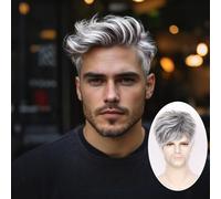 TEMU Pelucas para Hombres Cortas Plateado, Peluca Sintética Resistente al con Capas Rectas para Cosplay de Halloween