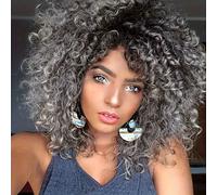 TEMU Pelucas rizadas cortas afro grises degradadas de 12 pulgadas para mujeres Pelucas rizadas kinky resistentes al calor de cabello sintético para uso diario en fiestas de Halloween