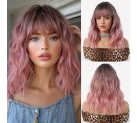 TEMU Pelucas Sintéticas de Cabello Corto con Flequillo Rosa Degradado de 16 Pulgadas para Mujeres, Peluca para Uso Diario o Cosplay