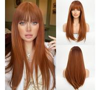 TEMU Pelucas sintéticas elegantes y rectas de 26 pulgadas para mujeres con flequillo fino, fibra de , gorro de red de rosas , transpirable y realista, aplicable para caucásicas