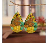 TEMU Pendientes colgantes de madera con artístico del genio pintor Van , pintura de y Noche estrellada, joyería retro, regalo para mujer