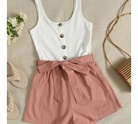 TEMU Pequeño de Mujer Casual Sin con Detalles de Botones - Top de Tirantes Acanalado & Mono Corto con Cinturón de Color Melocotón para /Verano, Lavable a Máquina, de Poliéster