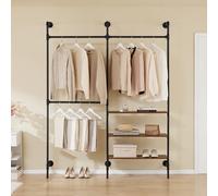 TEMU Perchero de pared, barra de ropa de tubo resistente barras y 3 estantes, armario abierto resistente que ahorra , negro industrial KLS18-SCH