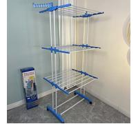 TEMU Perchero Multifuncional y Azul, Extra Grande de 4 Niveles con 67.7 Pulgadas Plegable en Acero Inoxidable, 24 Barras para Secar y 14 Ganchos, Ruedas Móviles, Ideal para Ropa, Cama y Lavandería