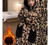 TEMU Pijama de Mujer con Estampado de Leopardo Divertido, Bata de Invierno/Otoño con Capucha de Peluche Coral, Larga y Abrigada, y para Salir