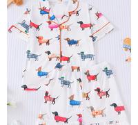 TEMU Pijama TANYUN para , tela ignífuga de y verano, conjunto de 2 piezas de manga corta y pantalón corto con encaje y estampado de dibujos animados de salchicha para uso en casa