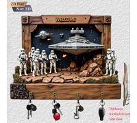 TEMU Placa de gancho decorativa 2D con temática de Star Wars, con una formación de Stormtroopers con clásicas, sobre un de cielo estrellado profundo, con un "WELCOME" en la parte superior