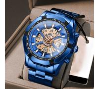 TEMU POEDAGAR Reloj de Cuarzo para Hombres - Impermeable, Cronógrafo, 24H/48H/ , Manecillas Luminosas, con Calendario Multizona, Marcadores Azules y Dorados, Ideal para Negocios o Natación