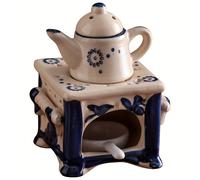 TEMU Portavelas de Tetera Cerámica Azul y Blanca - Calentador de Aceite Aromático con Patrones Florales, Decoración Elegante para el Hogar , Día de San Valentín y Amantes del Té