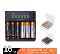 TEMU PowerKAN Juego de Baterías Recargables AA y AAA 1.2V NiMH + Cargador N6, Calidad, Reutilizables, 8 Pilas AA y 8 Piles AAA Combo con Cargador USB LED 5V 2A para Ranuras