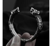 TEMU Pulsera Vikinga - Anillo de Brazo Nórdico de Acero Inoxidable 316L de Titanio - Joyería Pagan a Potente de Mitología Escandinava - Pulsera Unisex de Cabeza de Lobo Fenrir