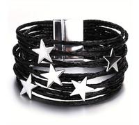 TEMU Pulseras de cuero de PU con encanto de estrellas bohemias para hombres y mujeres, pulseras de envoltura ancha de múltiples capas de pentagrama de moda, joyería