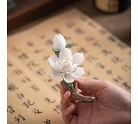 TEMU Quemador de Incienso de Cerámica a para Flor de - Decoración Zen con Aroma para Hogar y Oficina, Adorno de Mesa sin Batería con Flor Artificial Blanca, en el Verano, Porta Varillas de Incienso