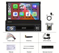 TEMU Radio 1 DIN con Satelital, Pantalla Táctil de 7 Pulgadas Abatible, WiFi/GPS/ FM/USB/EQ//Cámara Trasera y Soporte para Micrófono, Carplayer Auto [2GB + 64GB]