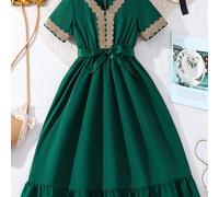 TEMU Ramadán Elegante Vestido de Niñas con Empalme, Cuello en V, Manga Corta y Cinturón para Fiesta de Verano, Regalo, Abaya para Ramadán, Eid Al Adha, 'an