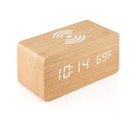 TEMU Reloj de Madera Ytaide con Carga Inalámbrica, Dimmer 0-100%, Alarma, Días Laborables/Fin de , Función , Reloj LED de Madera para Dormitorio, Mesita de Noche, Escritorio
