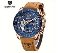 TEMU Reloj deportivo de lujo para hombre BENYAR - Movimiento de cuarzo elegante, esfera azul redonda con números , correa de acero inoxidable, impermeable (30m), regalo para
