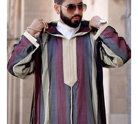 TEMU Roba Kaftán Árabe para Hombre - Largas con Capucha a Rayas Moradas y Beige, Ajuste Holgado para Ramadán Eid & Festival del , Musulmán Casual Transpirable, Vestimenta Cultural, Tela