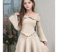 TEMU Ropa de niña de de y otoño, del diseño artístico y elegante de para jóvenes, dobladillo asimétrico de moda, hombros descubiertos y ribete de volantes, más falda midi plisada versátil de moda