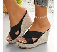 TEMU Sandalias elegantes de color sólido para mujer, zapatos de trabajo de gruesa con diseño cruzado, cómodas sandalias de cuña para vacaciones, zapatos de mujer