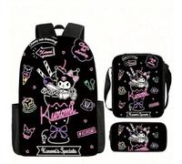 TEMU Sanrio for kuromi 3pcs Backpack Set, Anime Polyester School Bag with & Pencil Case, Large Capacity Travel Organizer, Zipper Closure, Cosmetic Storage Bag