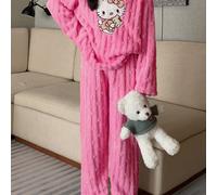 TEMU Sanrio Hello Kitty Plush Pajama Set, Long Sleeve Crew Neck Pullovers with Elastic Waist Long Pants, Embroidered Cartoon Pattern, 100% Polyester, Comfortable Casual Women'S for Fall/Winter