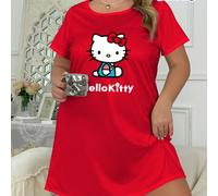 TEMU Sanrio para mujer de for hello kitty - Con estampados de dibujos animados, y , manga corta con cuello , adecuado para todas , ropa de dormir de talla plus.