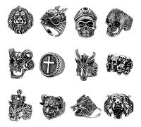 TEMU Set de 12 Anillos Punk Vintage - Anillos Góticos de Motero con Diseños de Esqueleto, Tigre, León, Calavera, Cruz, y Corona - Anillos Ajustables para Hombre