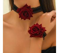TEMU Set de 2 Collar con Rosa y Pulsera de San Valentín, Joyería de Terciopelo, Adiciones de Estilo Vintage para de Graduación, Fiestas y Cosplay