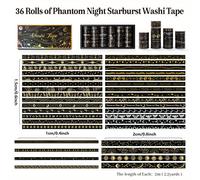 TEMU Set de 36 Rollos de Cinta Washi Bronceada Negra en Tres Anchos con Diseños de Estrella, Luna y . Cintas Decorativas Premium son Ideales para Scrapbooking, Journaling y Manualidades