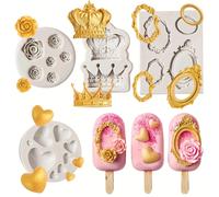 TEMU Set de 4 Moldes Barrocos Vintage, Marcos de Silicona para Fondant, con Diseños de Corona Real, Rosa y para Decorar Cupcakes, Cake Pops, Chocolates, Dulces y Postres