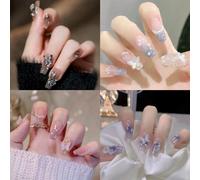 TEMU Set de 4 piezas que 96 diseños de uñas artísticas con flores fantasma y mariposas, mariposas de perlas, mariposas de cristal y mariposas azules, más 4 jellies y 4 tiras de