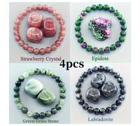 TEMU Set de 4 Pulseras de Piedra Natural - Una Colección Elegante con Cuarzo Bohemio de Fresa, Verde, Labradorita y Piedra a Rayas Verdes