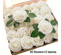TEMU Set de 52 Flores Artificiales, Incluyendo 50 Rosas y 2 Hojas, para Crear un Ramo de Boda Realista. Ideal para Regalos de Boda Blancos y de Mesa, Así Como Decoración de Mesas para Fiestas