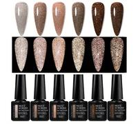 TEMU Set de 6 esmaltes de uñas en gel con reflectante y glitter holográfico, con una serie marrón cofre super de , ideal para manicuras de nail art semipermanente.