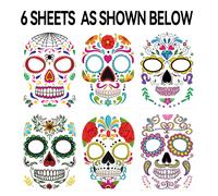 TEMU Set de 6 tatuajes temporales con diseños del Día de Muertos, incluyendo calaveras de y maquillaje de , perfectos para disfraces y decoraciones de Halloween