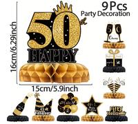 TEMU Set de 9 Decoraciones para Fiestas, con Bolas de Panal Negro y Dorado, Perfectas para un 50 . Ideal como de Mesa y para Decoración de Mesa de