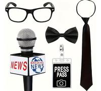 TEMU Set de Adiciones para Disfraz de Reportero de Noticias | Micrófono, Gafas de Accesorio para Día de , Cosplay para , Plástico, Estilo Preppy, Sin Batería