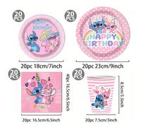 TEMU Set de de de Disney Stitch de 80 piezas con platos, vasos, servilletas y utensilios desechables con temática de Stitch, Lilo & Stitch - Diseño rosa y de dibujos animados con Stitch