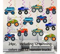 TEMU Set de Decoración para de de Camiones Monstruos, 24 piezas | 12 Colores Giratorios Diseños de Camiones Monstruos, de Papel, No Requiere Más