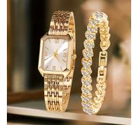 TEMU Set de regalo de 2 relojes elegantes para mujer, cadena de y con estilo de corte, juego de reloj de cuarzo, esfera rectangular retro clásica, correa de aleación cómoda