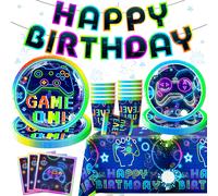 TEMU Set de Suministros para Fiestas con Tema de Videojuegos, Banners, Vasos de Papel, Servilletas, Manteles, Etc., Ideal para Fiestas de y Arreglos de Mesa Decorativos Versátiles